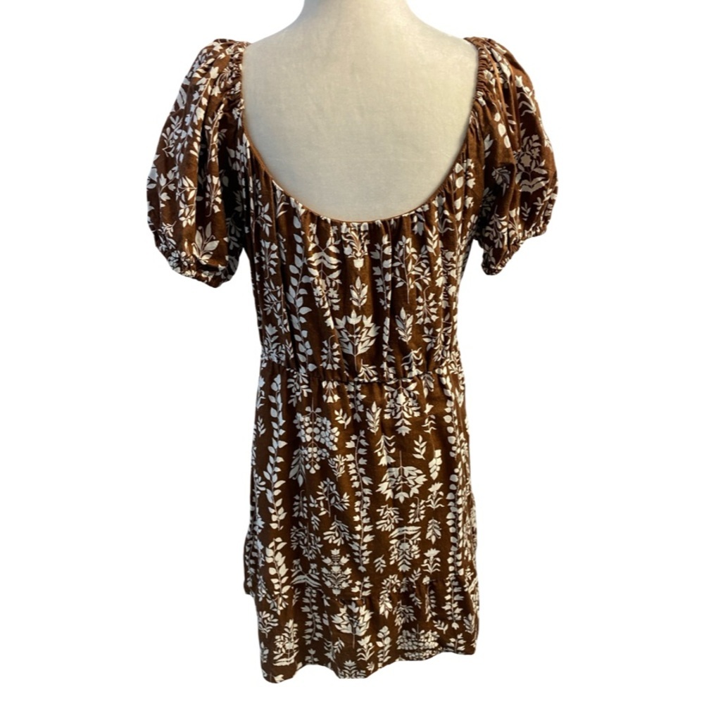 Reitmans Brown Floral Puff Sleeve Mini Dress Cottagecore Size L Linen Blend - Picture 7 of 14